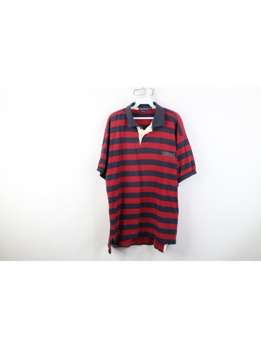 Vintage 90s Nautica Mens Large Faded Spell Out Striped Rugby Polo Shirt Cotton